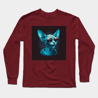 Illustration of a sphinx cat with tongue sticking out and glasses Long Sleeve T-Shirt